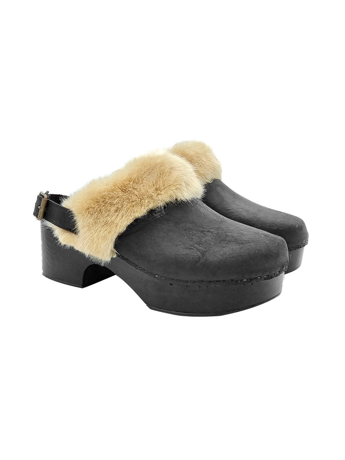 BLACK DUTCH SANDALS IN LEATHER WITH BEIGE FUR