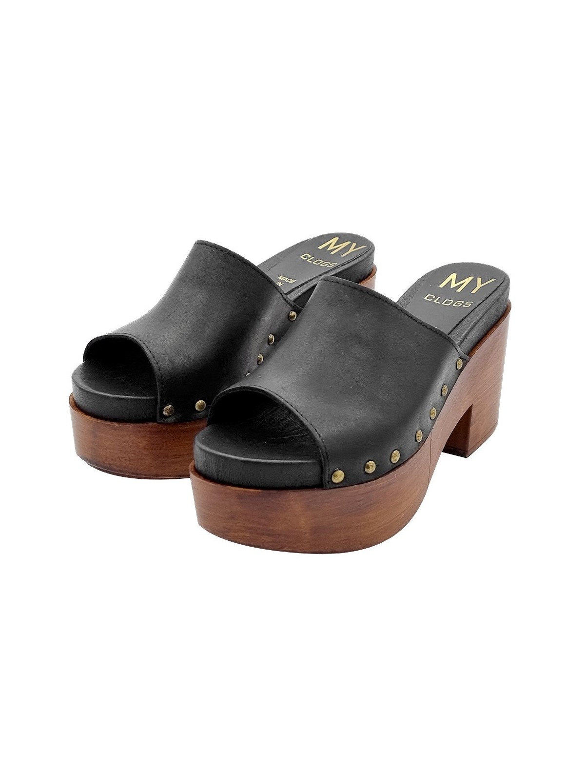 HIGH BLACK LEATHER CLOGS WITH COMFORTABLE HEEL