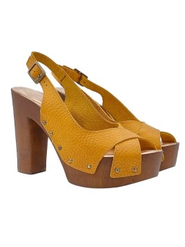 OCHER SANDALS WITH CROSSED BANDS AND 12 CM HEEL