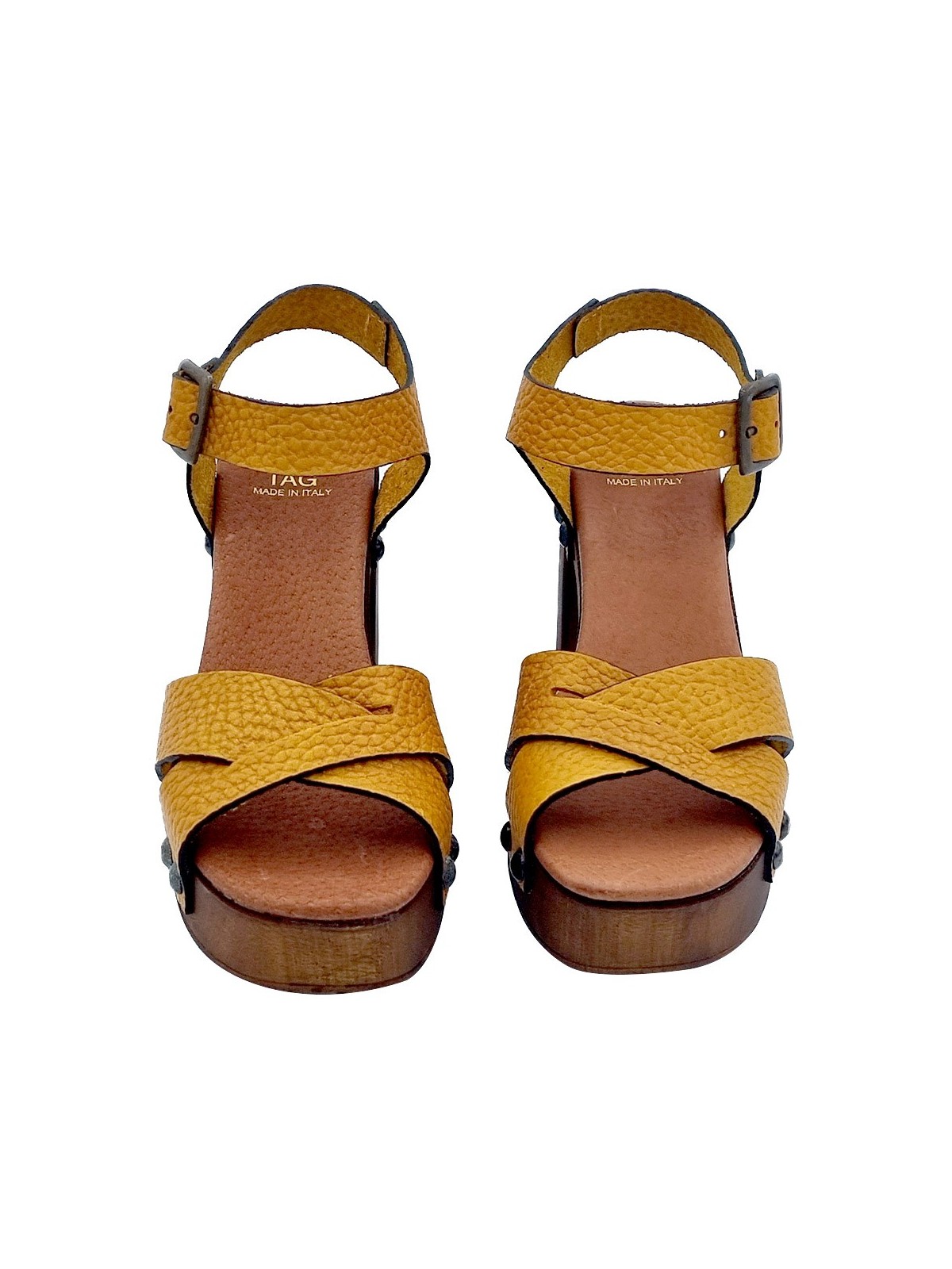 OCHER SANDALS WITH CROSSED BANDS AND 9 CM HEEL
