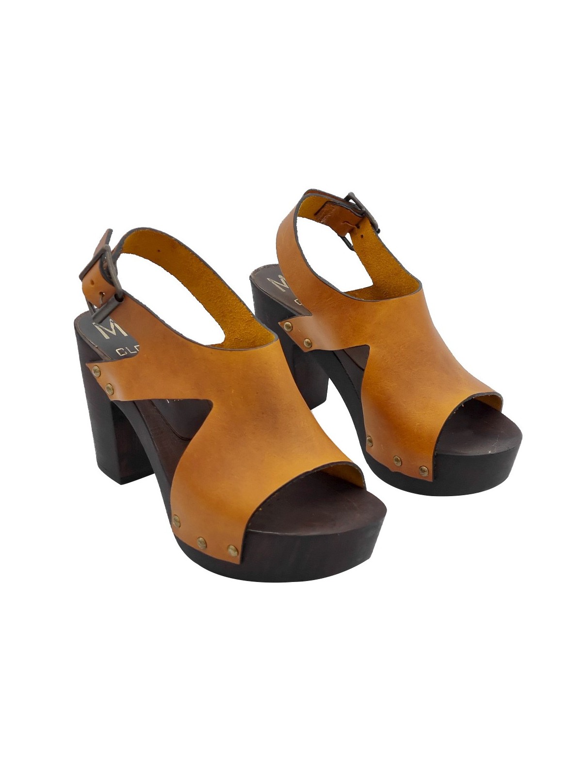 OCHER LEATHER SANDALS WITH STRAP AND HEEL 9