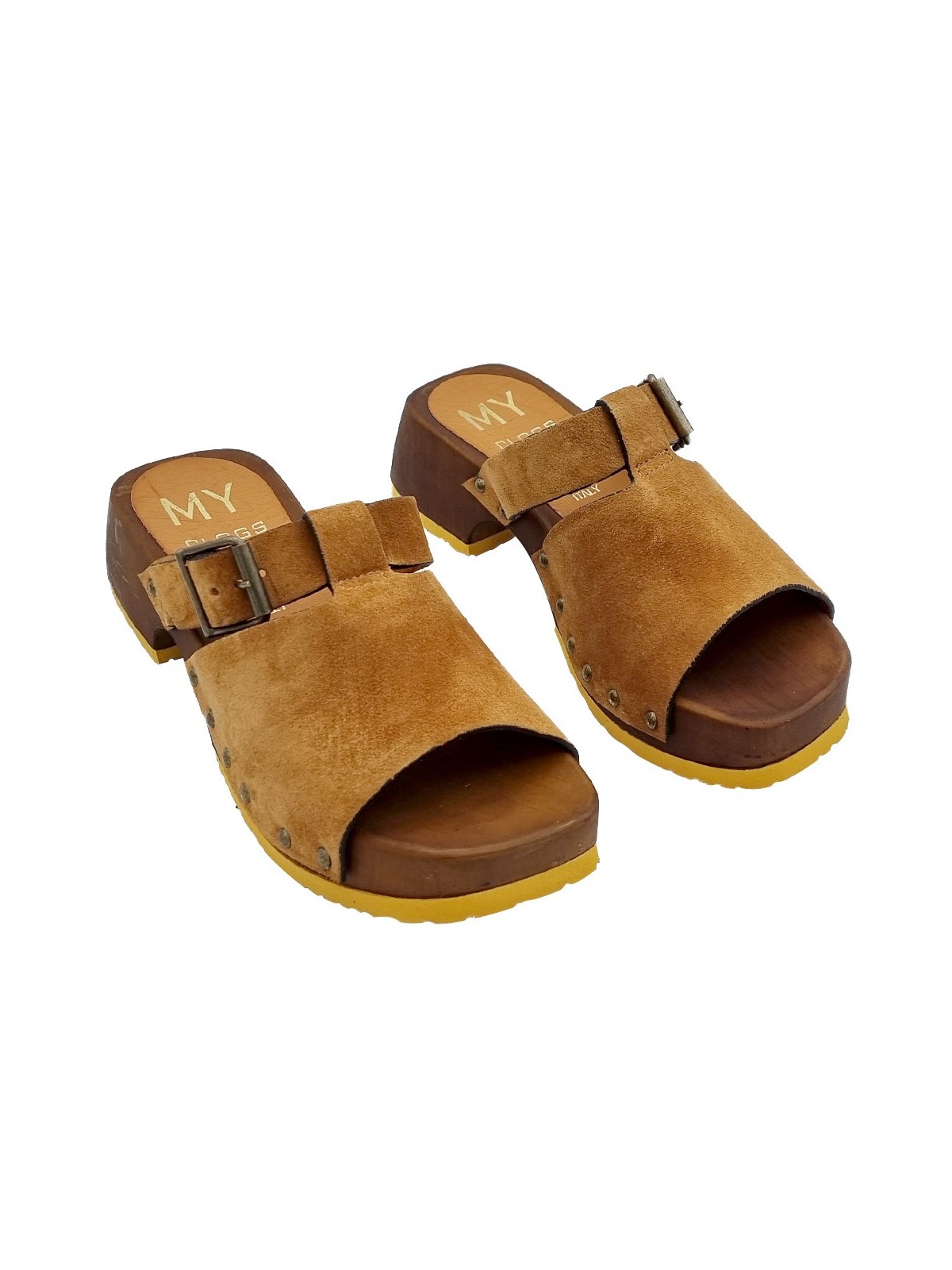 LOW BROWN SUEDE CLOGS WITH BUCKLE