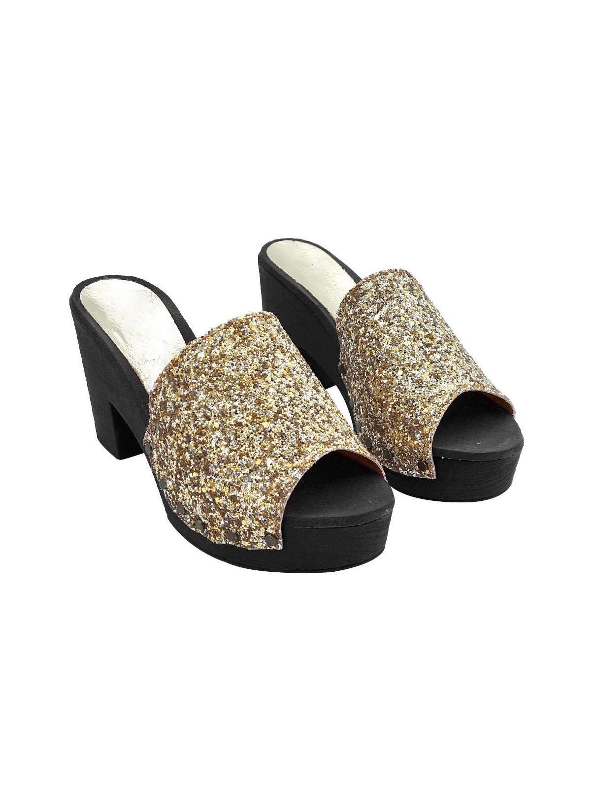 GOLD GLITTER SANDALS WITH WIDE HEEL