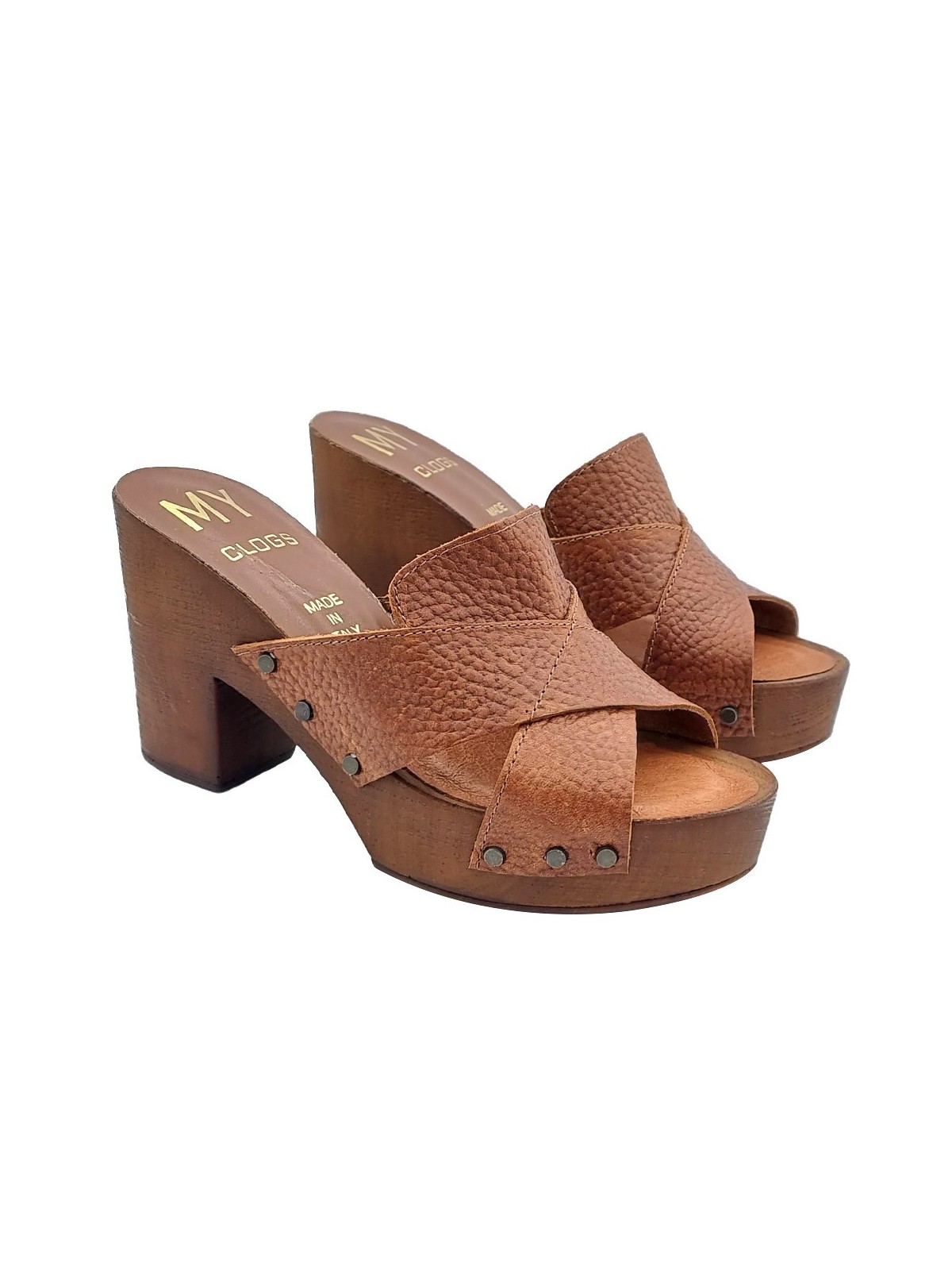 BROWN CLOGS WITH CROSSED BANDS IN TUMBLED LEATHER