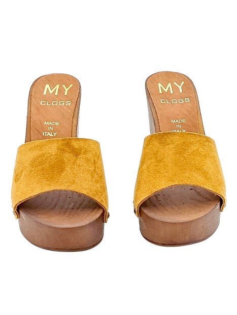 LEATHER-COLORED SUEDE CLOGS WITH HEEL 9
