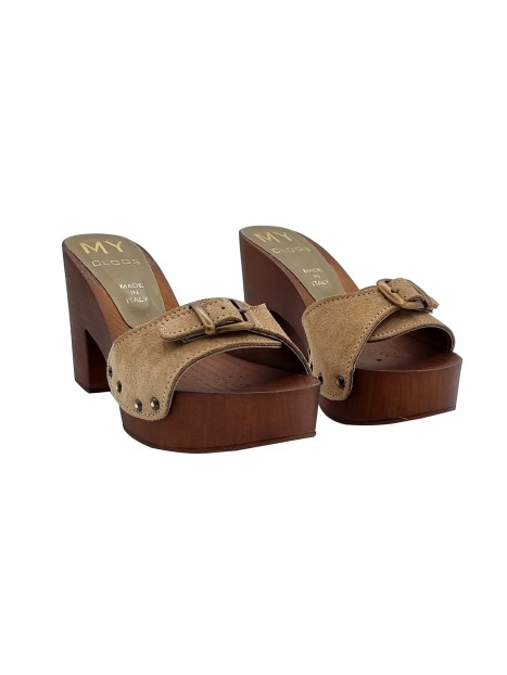 TAUPE CLOGS WITH BUCKLE 9 CM