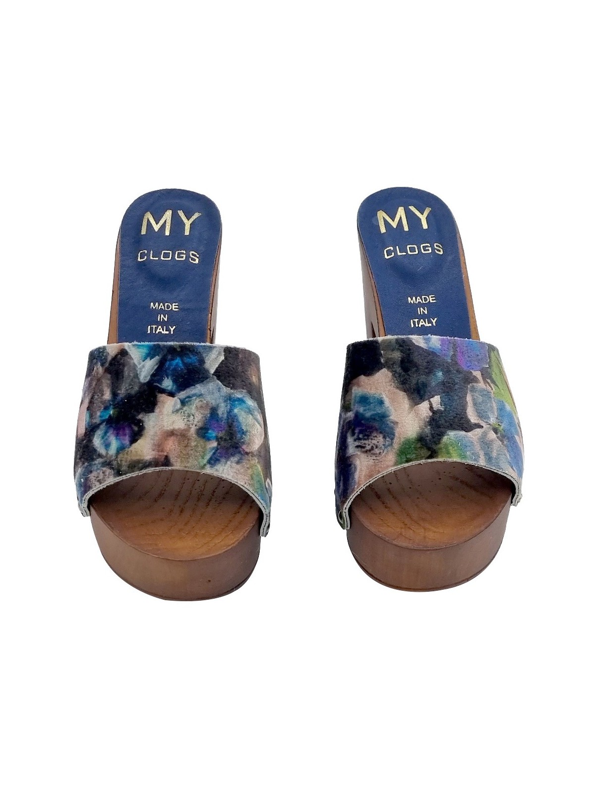 CLOGS WITH BLUE BAND IN DECORATED VELVET