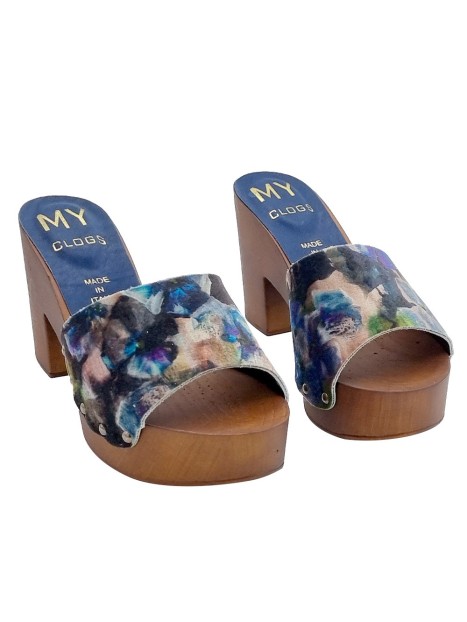 CLOGS WITH BLUE BAND IN DECORATED VELVET