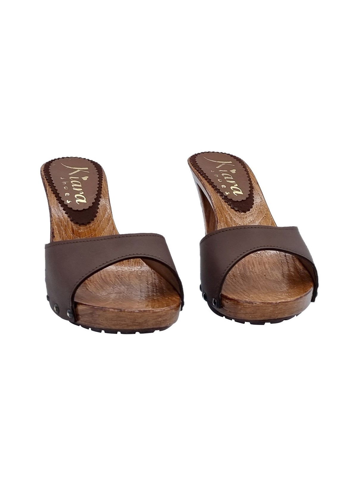 BROWN LEATHER CLOGS WITH HEEL 7.5