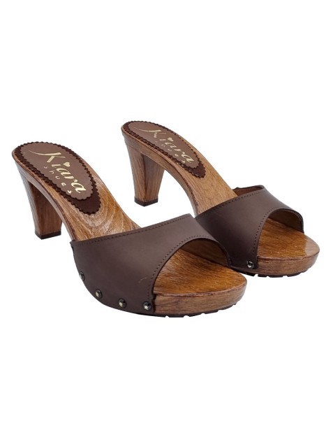 BROWN LEATHER CLOGS WITH HEEL 7.5