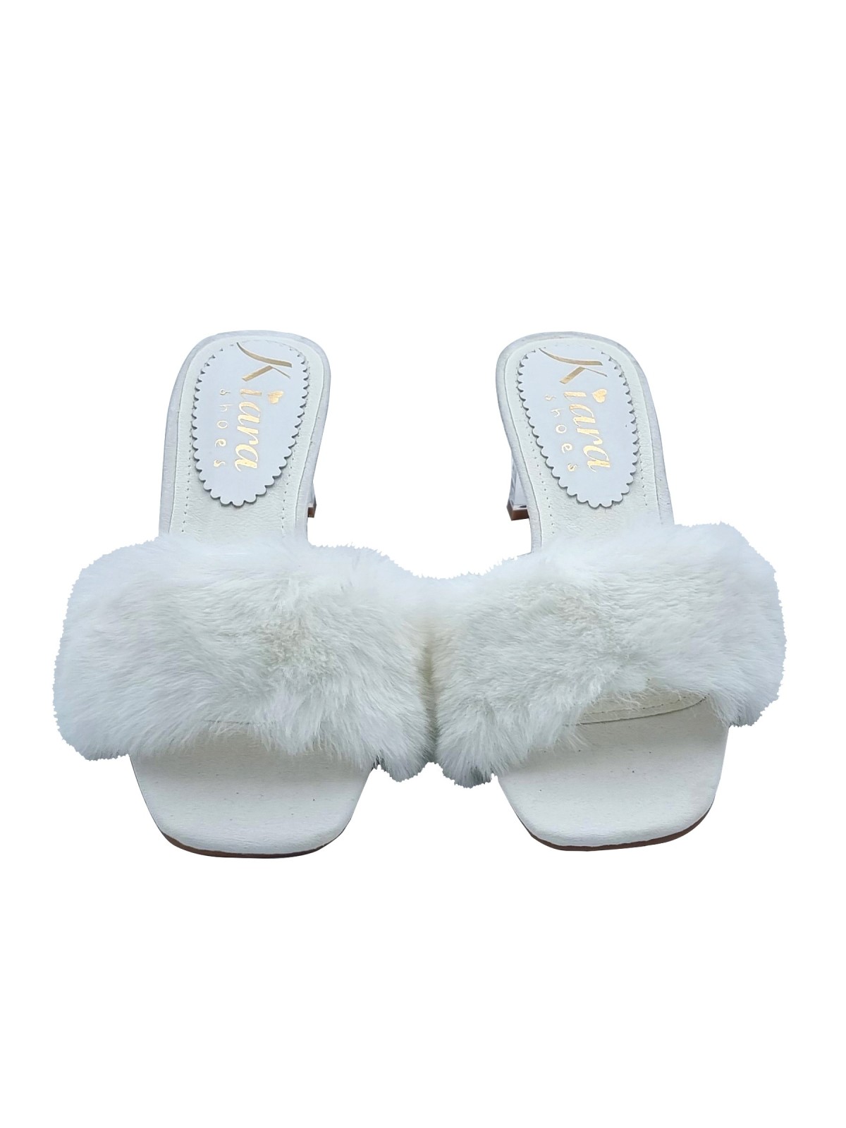 WHITE CLOGS WITH FUR AND TRANSPARENT HEEL