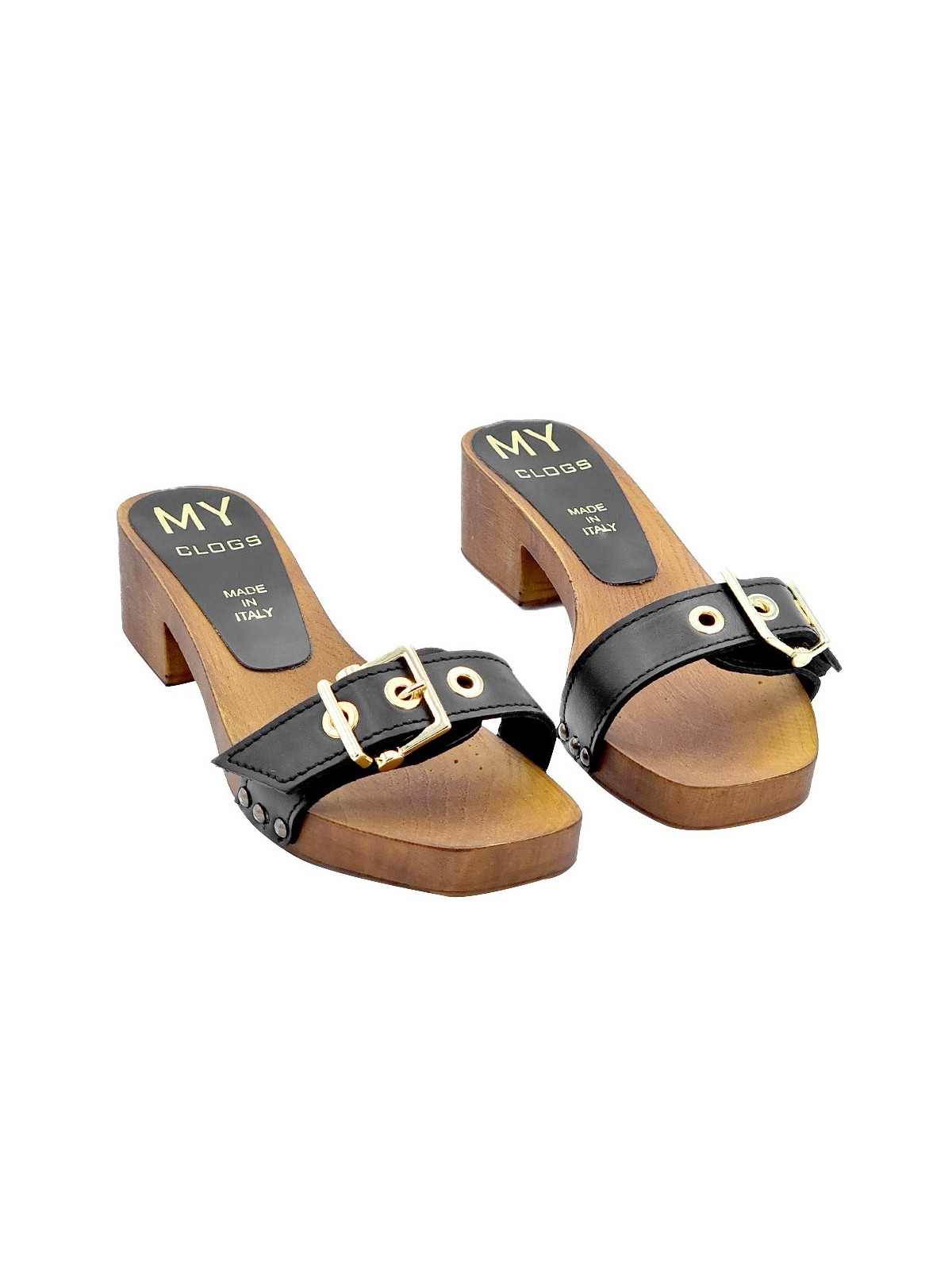 LOW BLACK CLOGS WITH GOLDEN BUCKLE