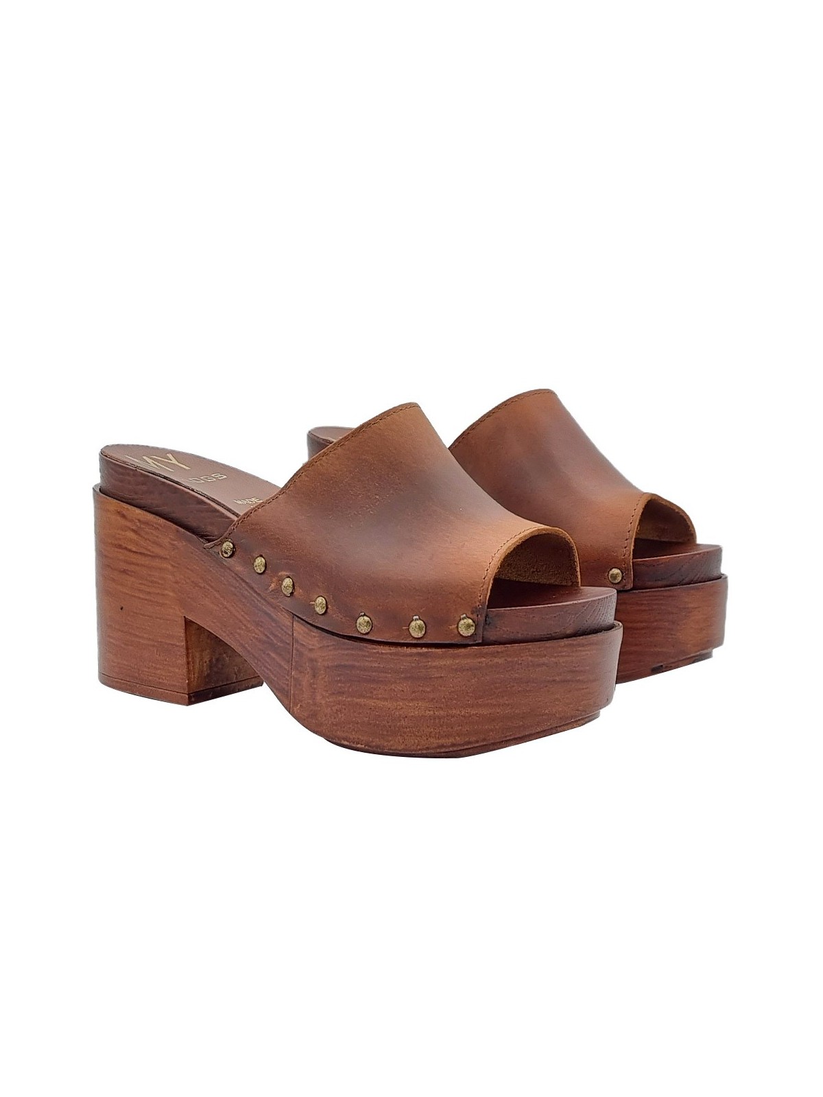 BROWN LEATHER CLOGS WITH HIGH HEEL