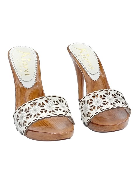WHITE LASERED LEATHER CLOGS WITH HIGH HEEL
