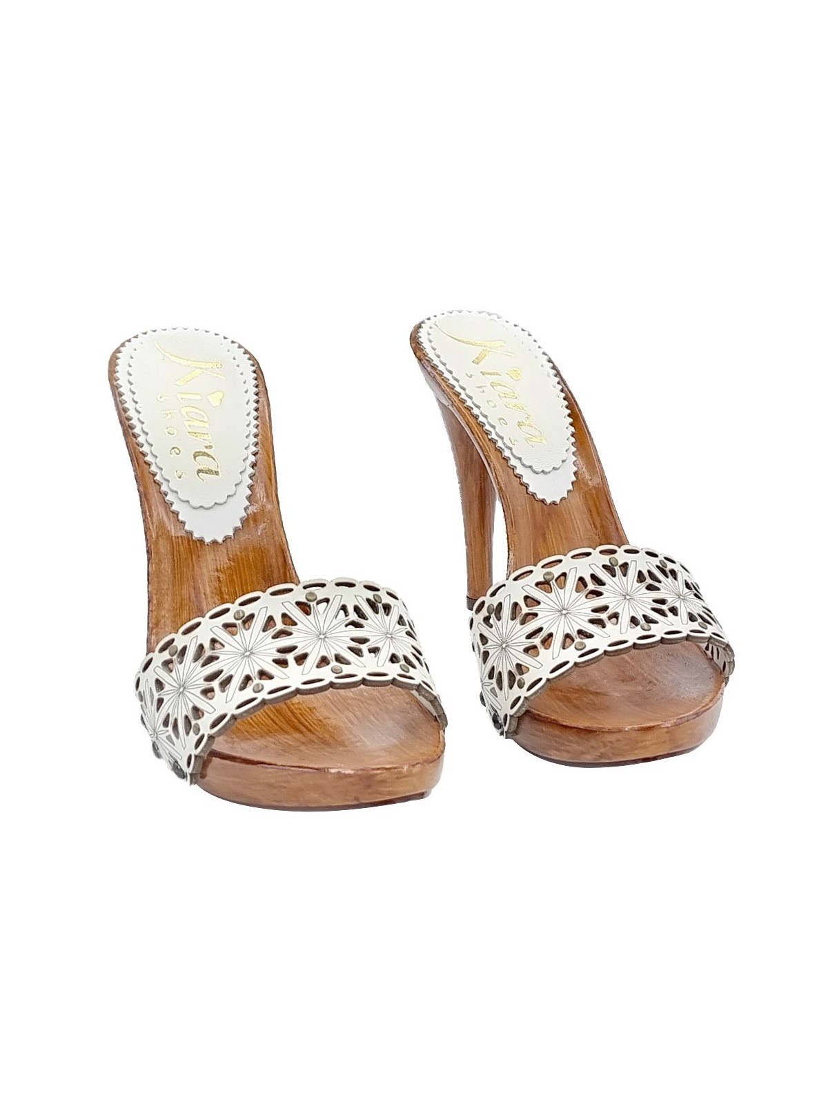 WHITE LASERED LEATHER CLOGS WITH HIGH HEEL
