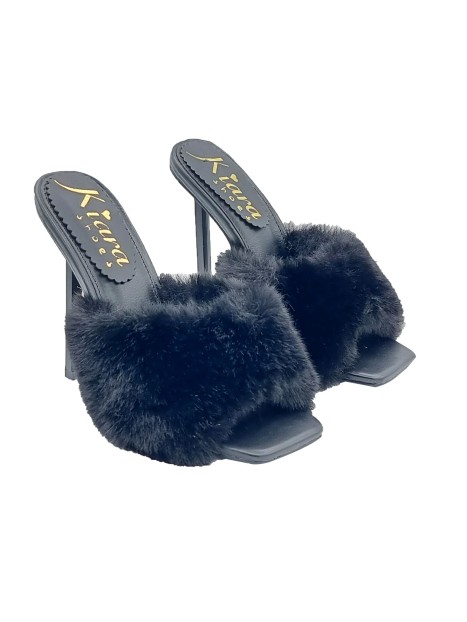 BLACK SANDALS WITH SYNTHETIC FUR AND 13 CM HEEL