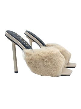 BEIGE CLOGS WITH SYNTHETIC FUR AND 13 CM HEEL