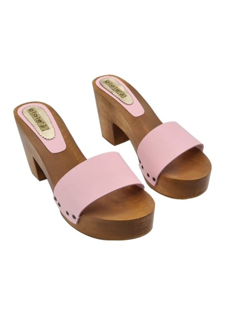 CLOGS WITH PINK LEATHER BAND AND HEEL 9