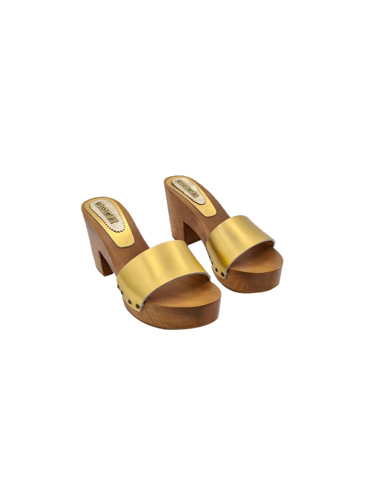 GOLD-COLORED LEATHER CLOGS WITH 9 CM HEEL