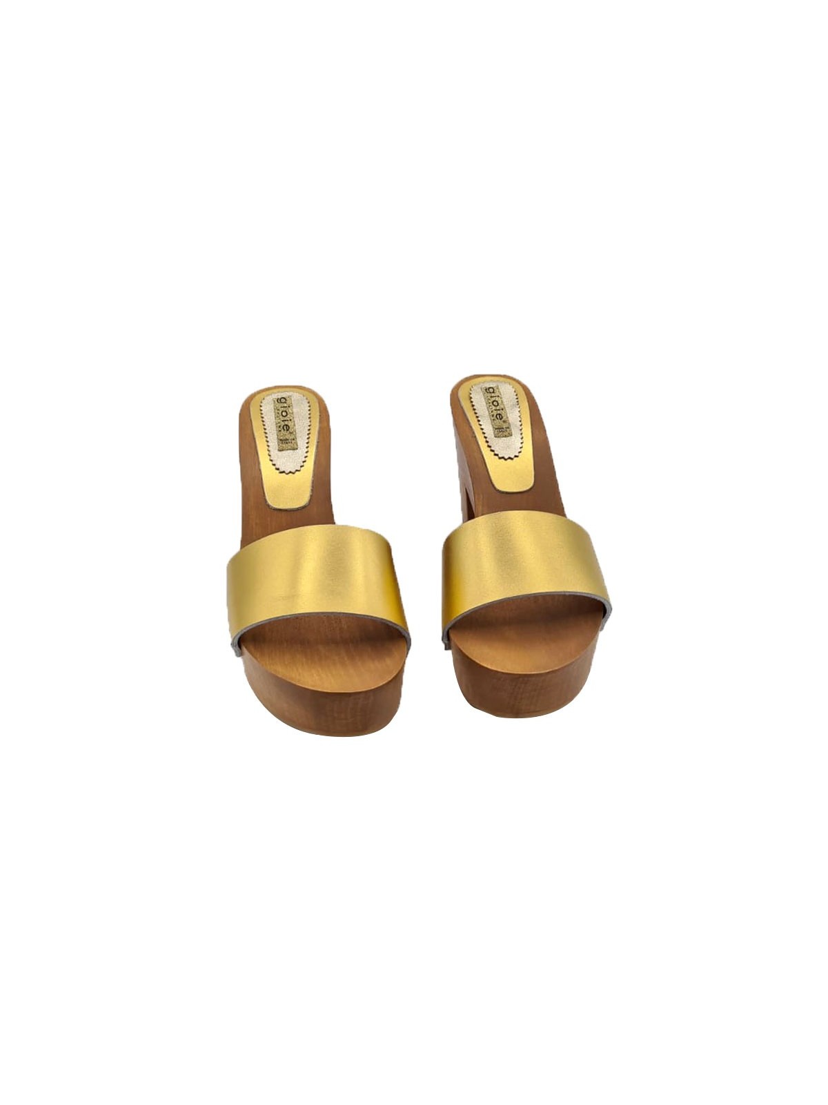 GOLD-COLORED LEATHER CLOGS WITH 9 CM HEEL
