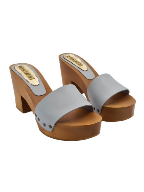 GRAY LEATHER CLOGS WITH 9 CM HEEL