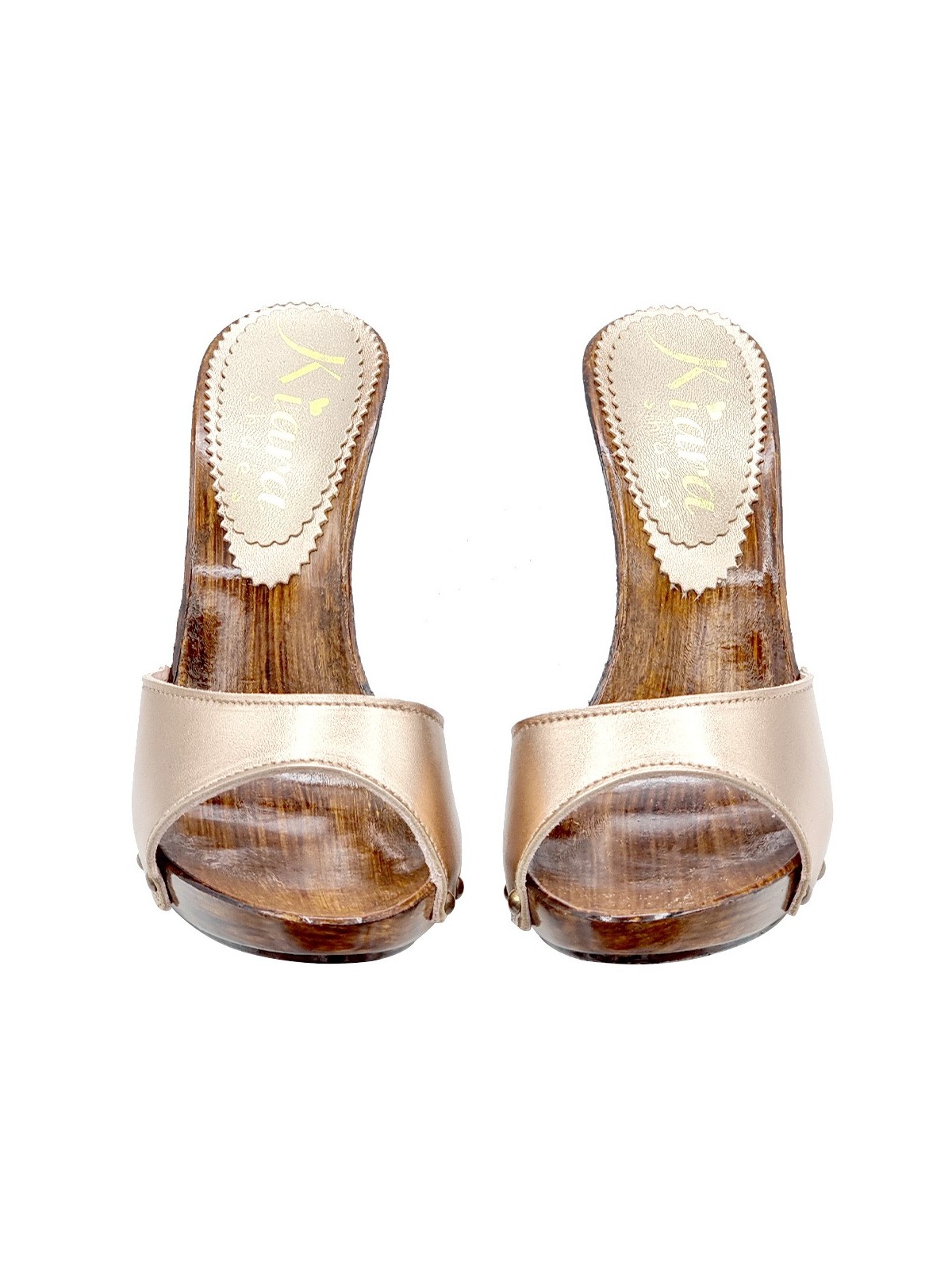 CLOGS WITH BRONZE LEATHER BAND AND HEEL 12