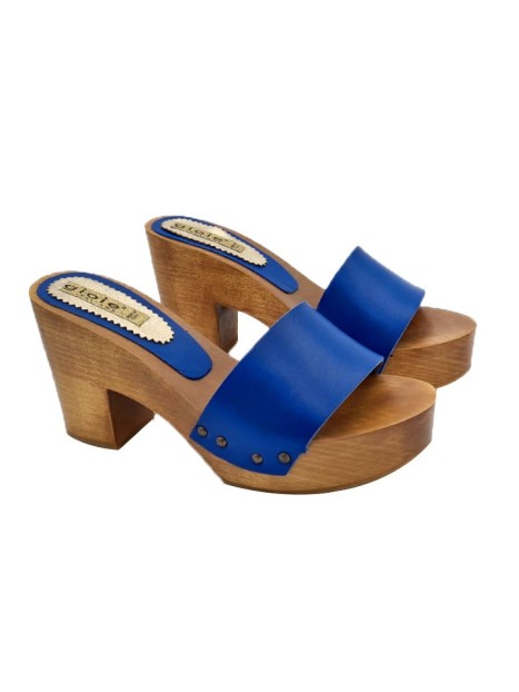 BLUE LEATHER CLOGS WITH 9 CM HEEL