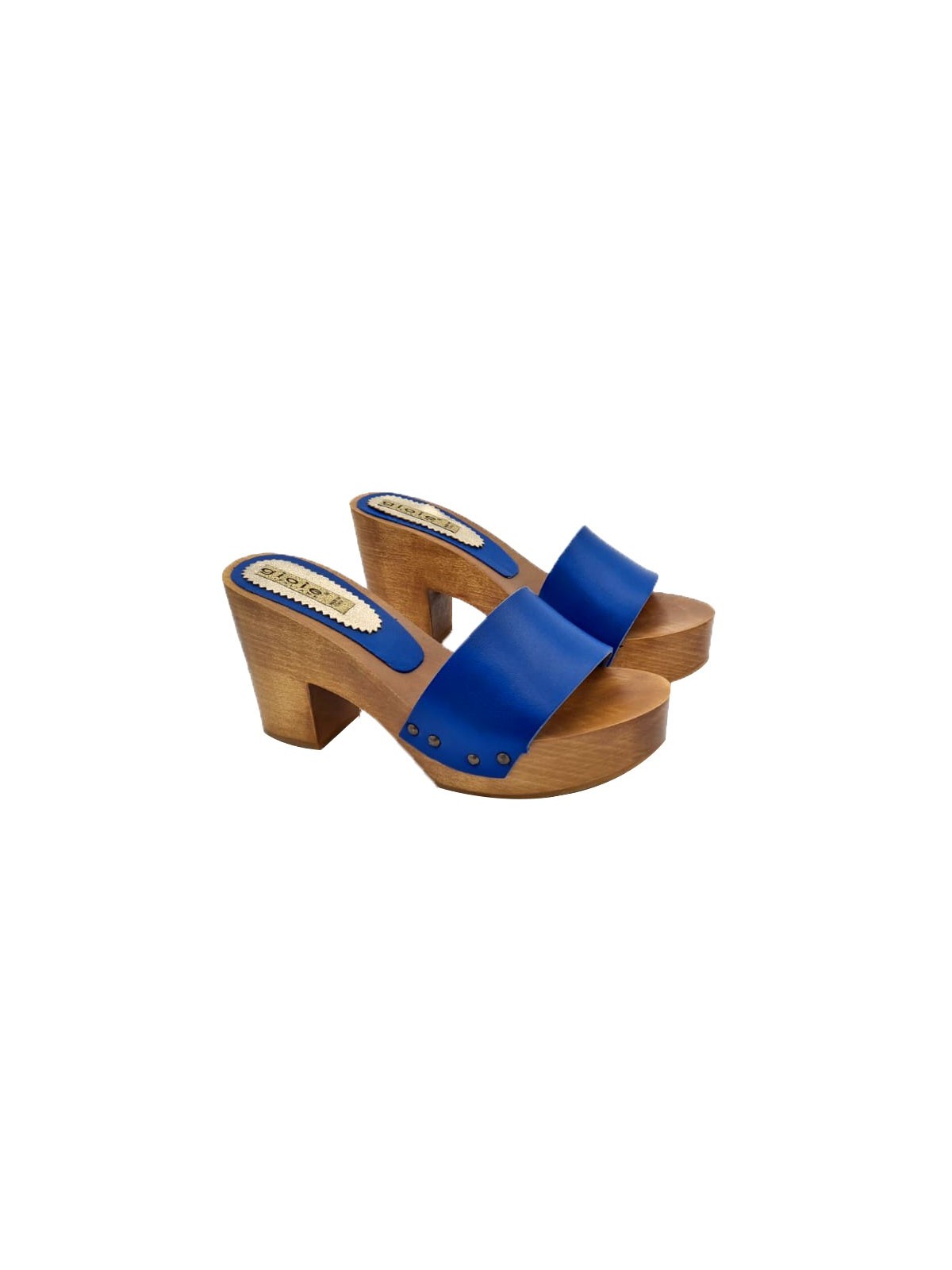 BLUE LEATHER CLOGS WITH 9 CM HEEL