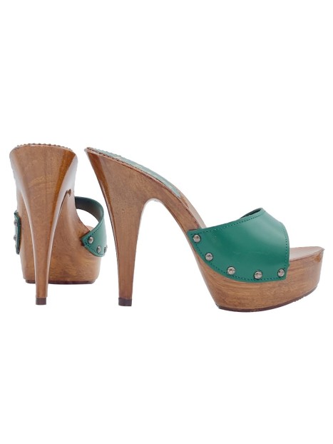GREEN LEATHER CLOGS WITH HEEL 13