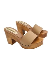 LIGHT BROWN LEATHER CLOGS WITH 9 CM HEEL