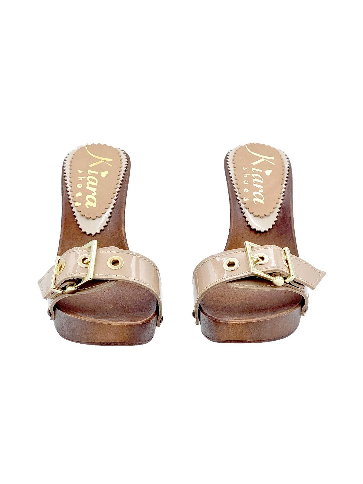 CLOGS IN BEIGE PATENT LEATHER WITH BUCKLE