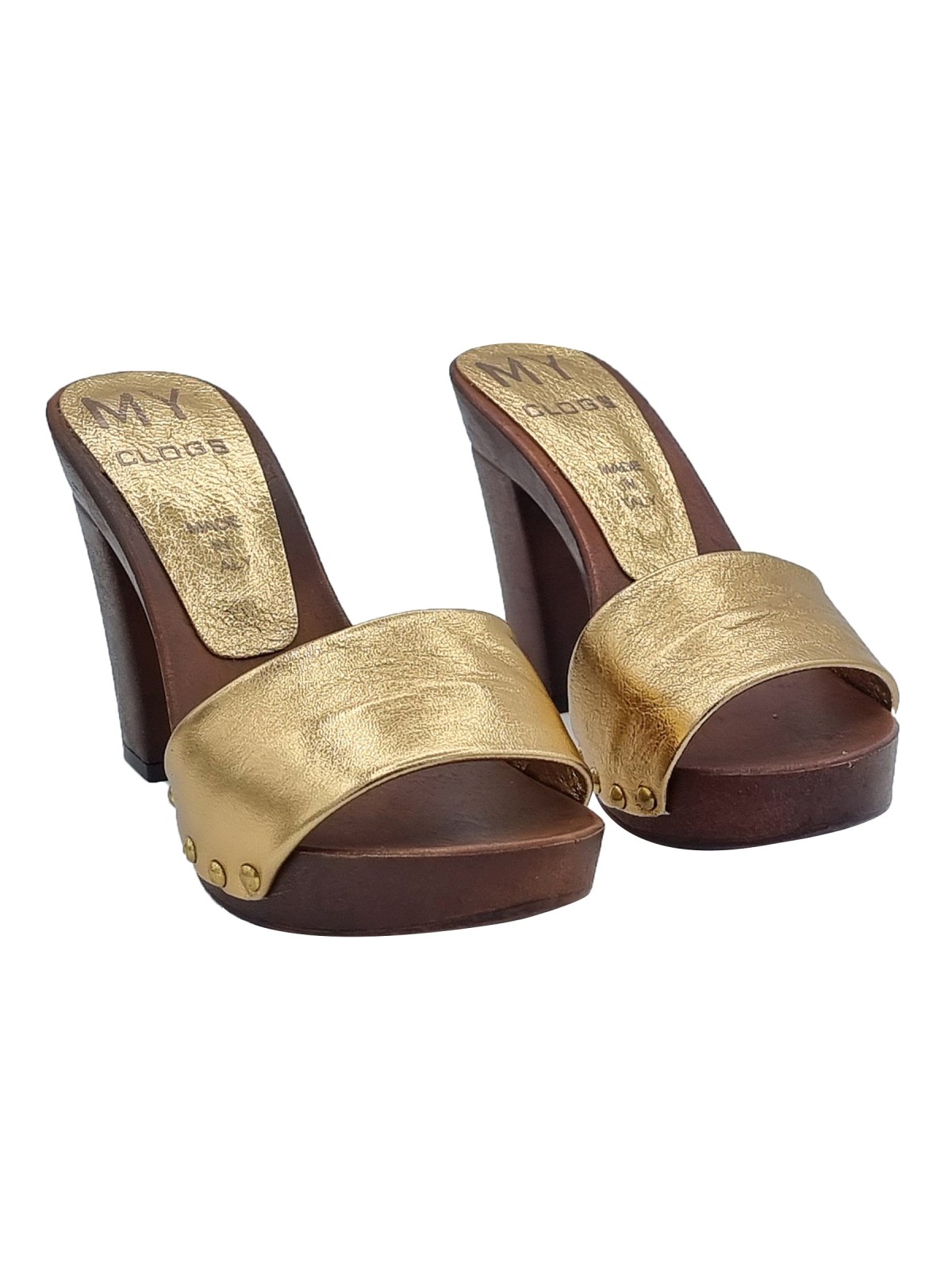 CLOGS WITH GOLD LEATHER BAND AND HEEL 10 CM