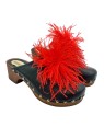 BLACK SWEDISH CLOGS WITH RED FEATHERS