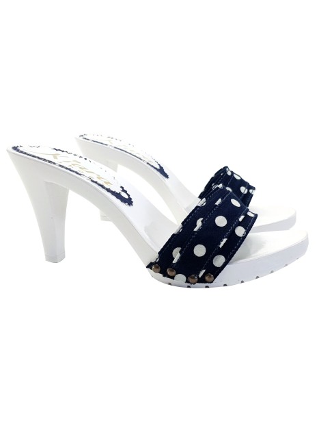 WHITE CLOGS WITH BLUE POIS WITH 9 CM HEEL