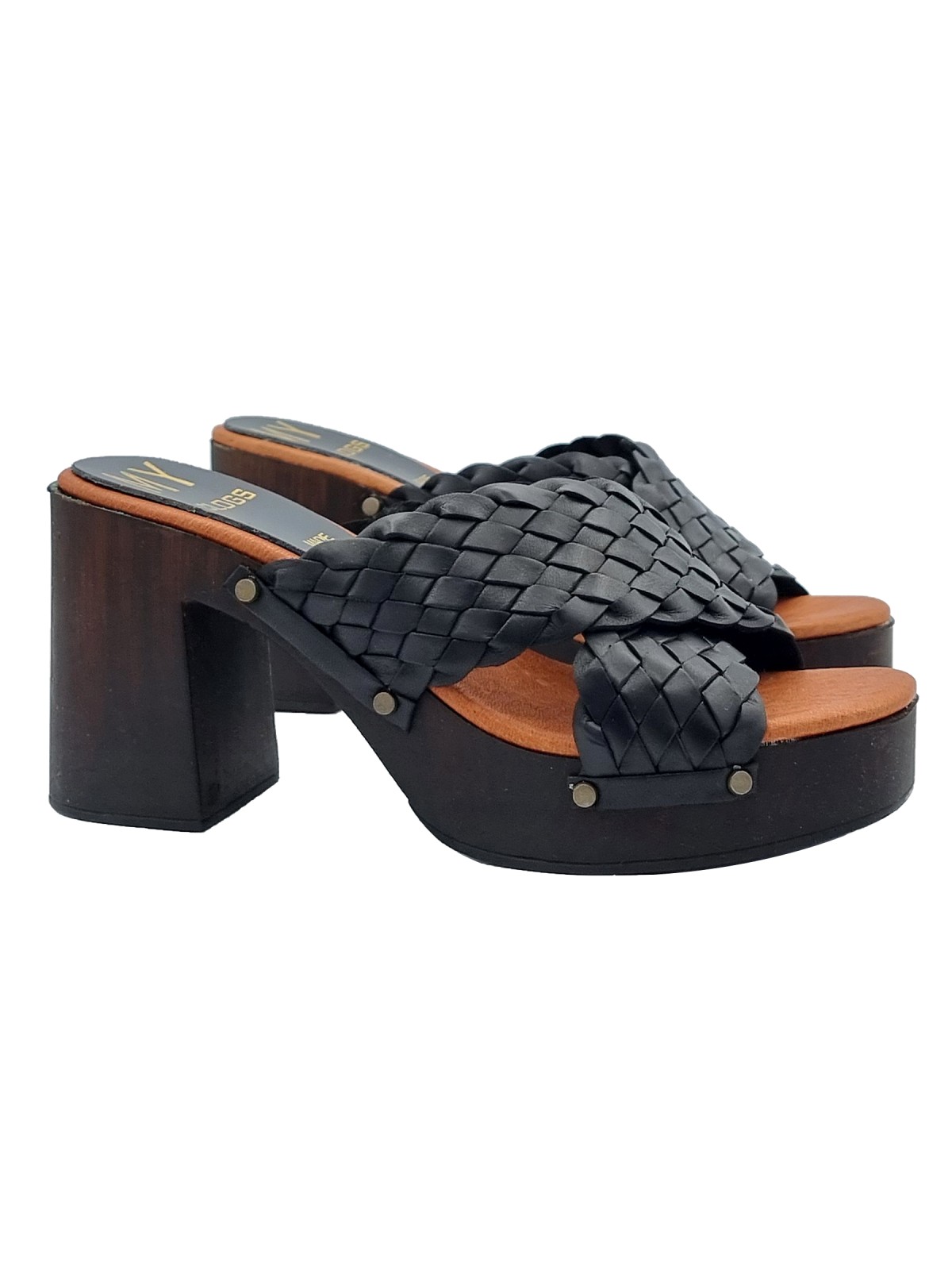 BLACK CLOGS WITH INTERWOVEN BANDS AND 9 CM HEEL
