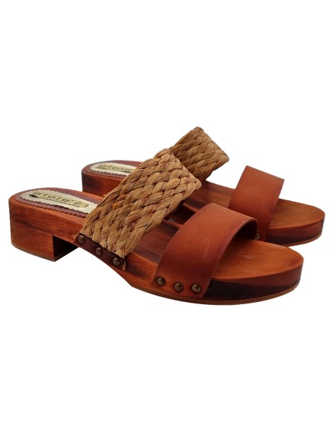 BROWN CLOGS WITH BRAIDED BAND AND 3,5 HEEL