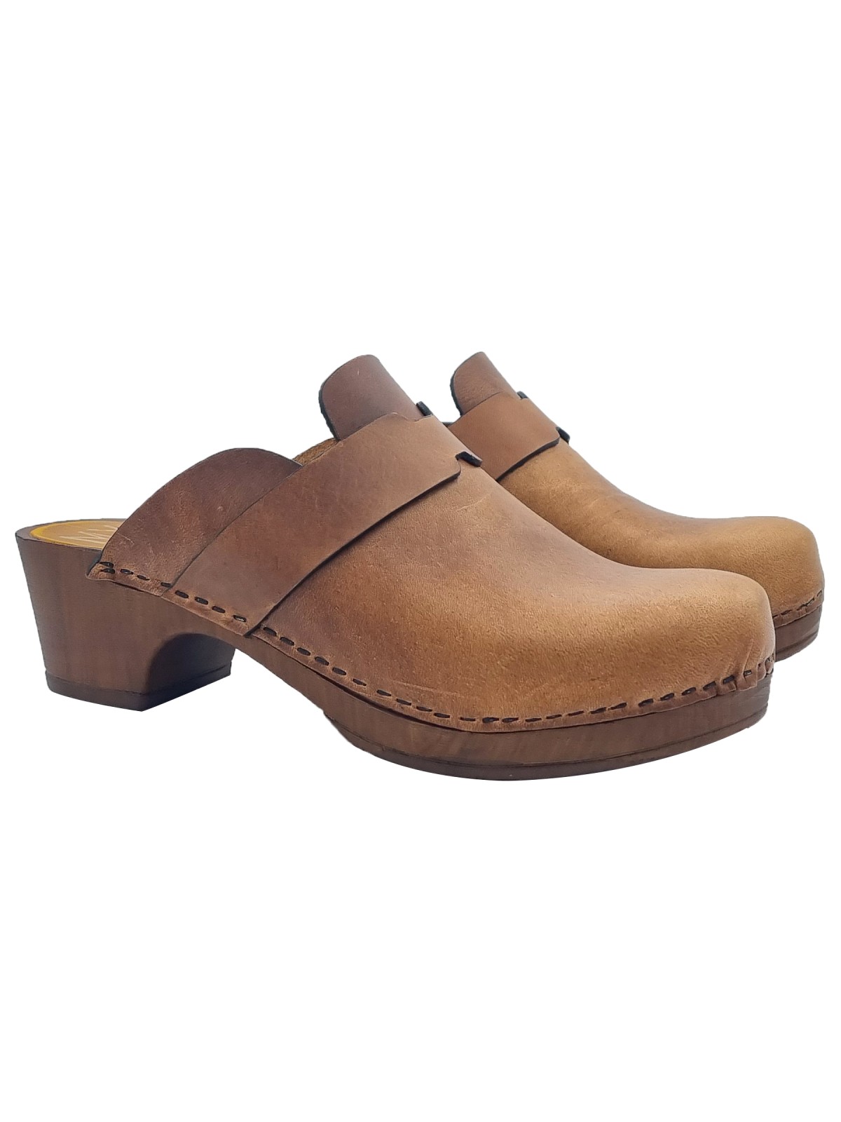 SWEDISH CLOGS IN BROWN LEATHER WITH HEEL 4,5