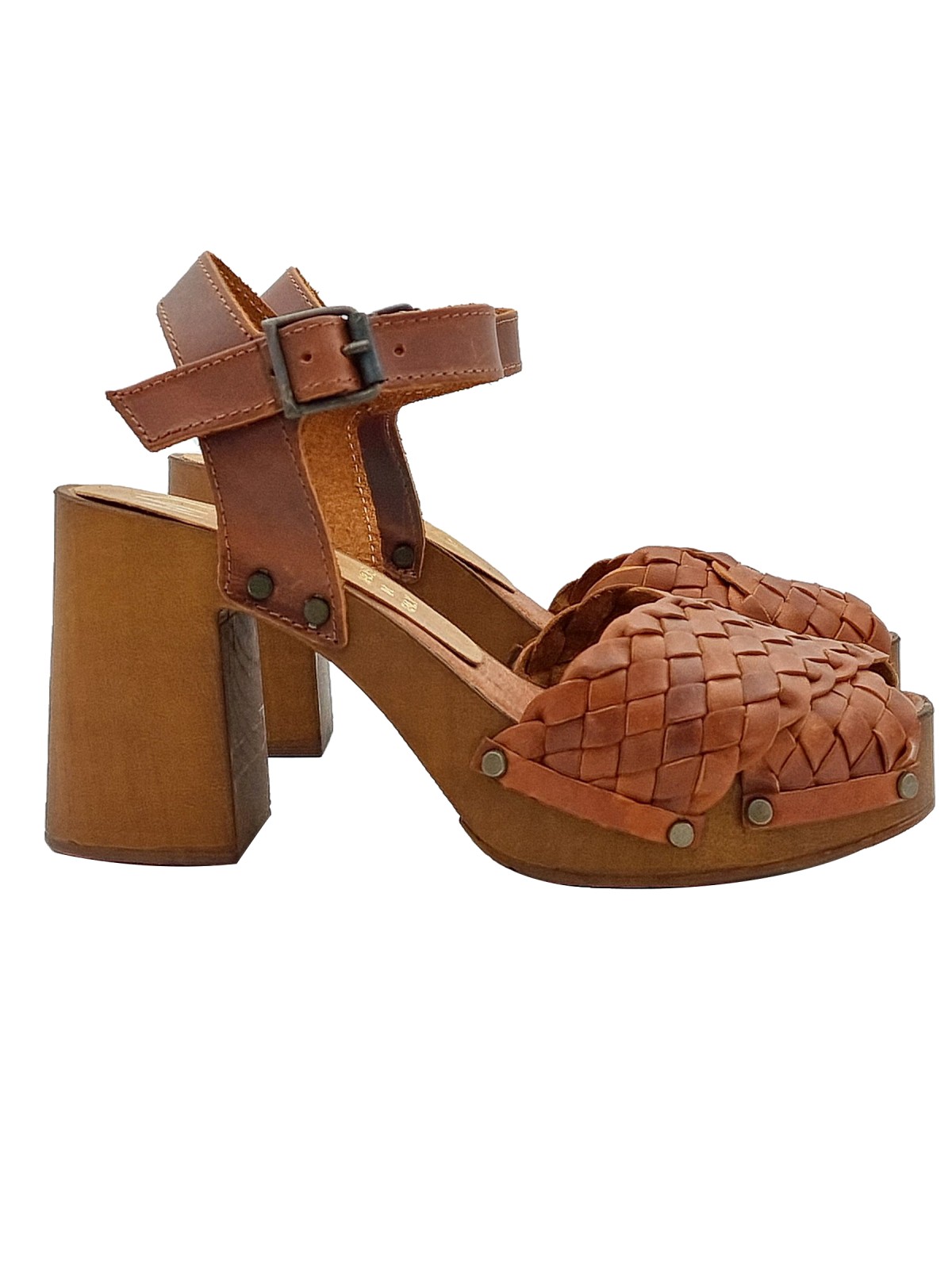 BROWN WOVEN CLOGS WITH 9 CM HEEL
