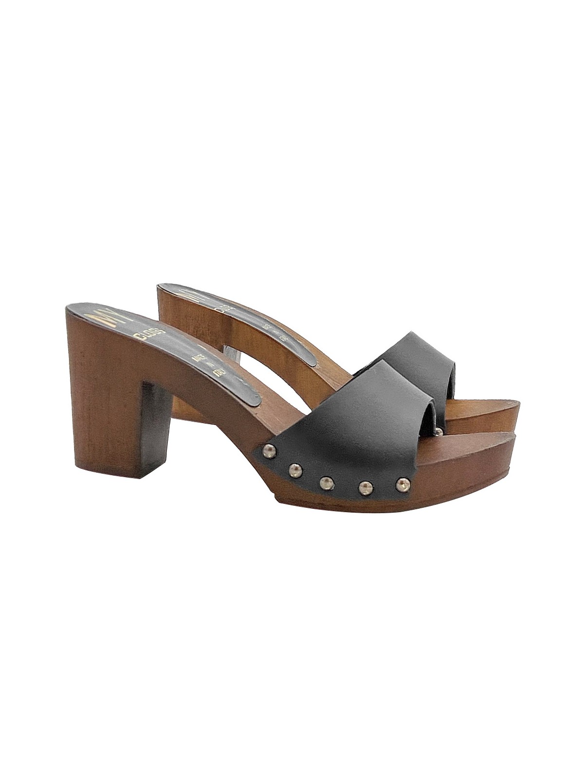 BLACK LEATHER MULES WITH 7,5 CM HEEL