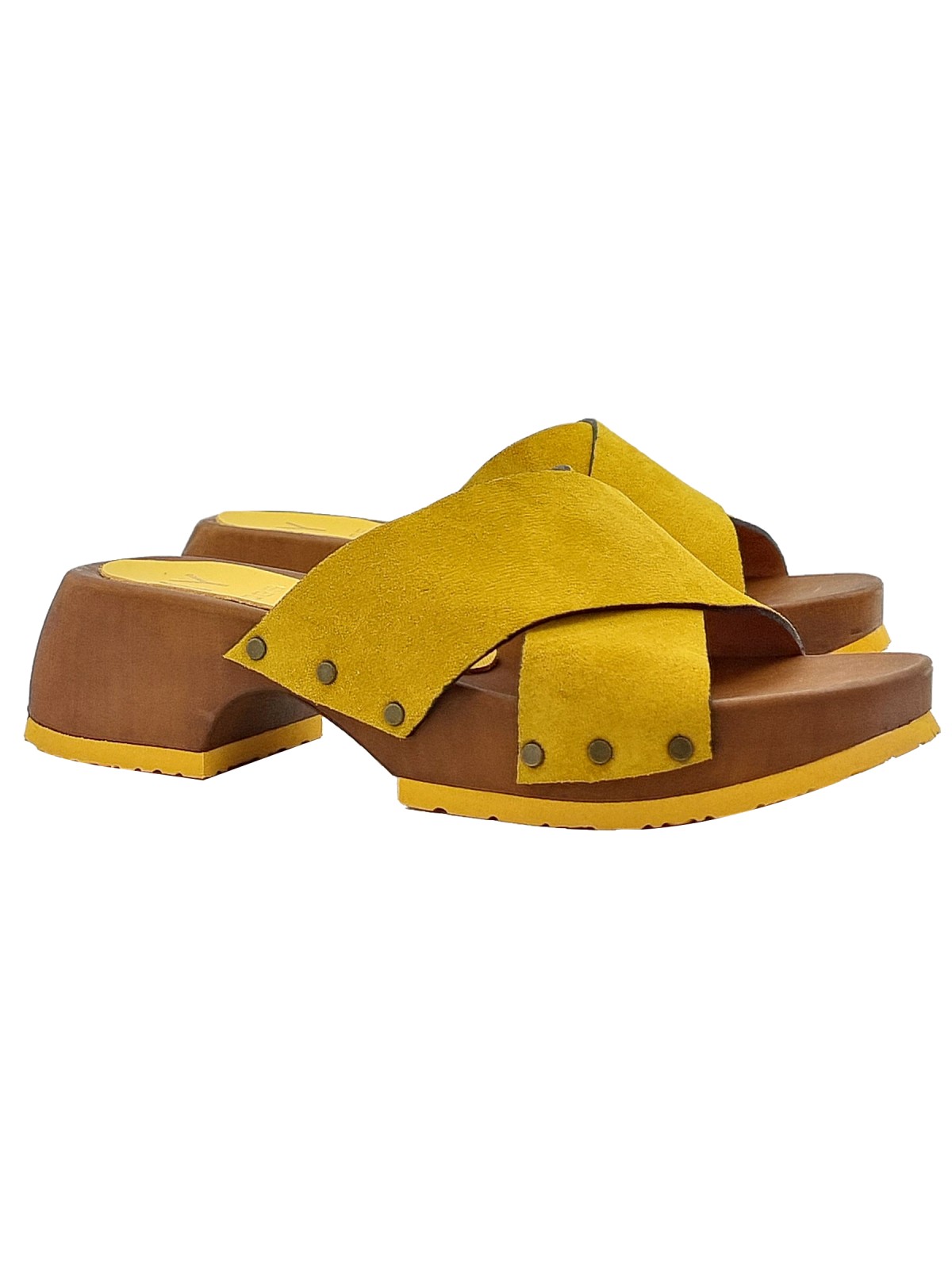 LOW YELLOW SUEDE CLOGS WITH CROSSED BANDS
