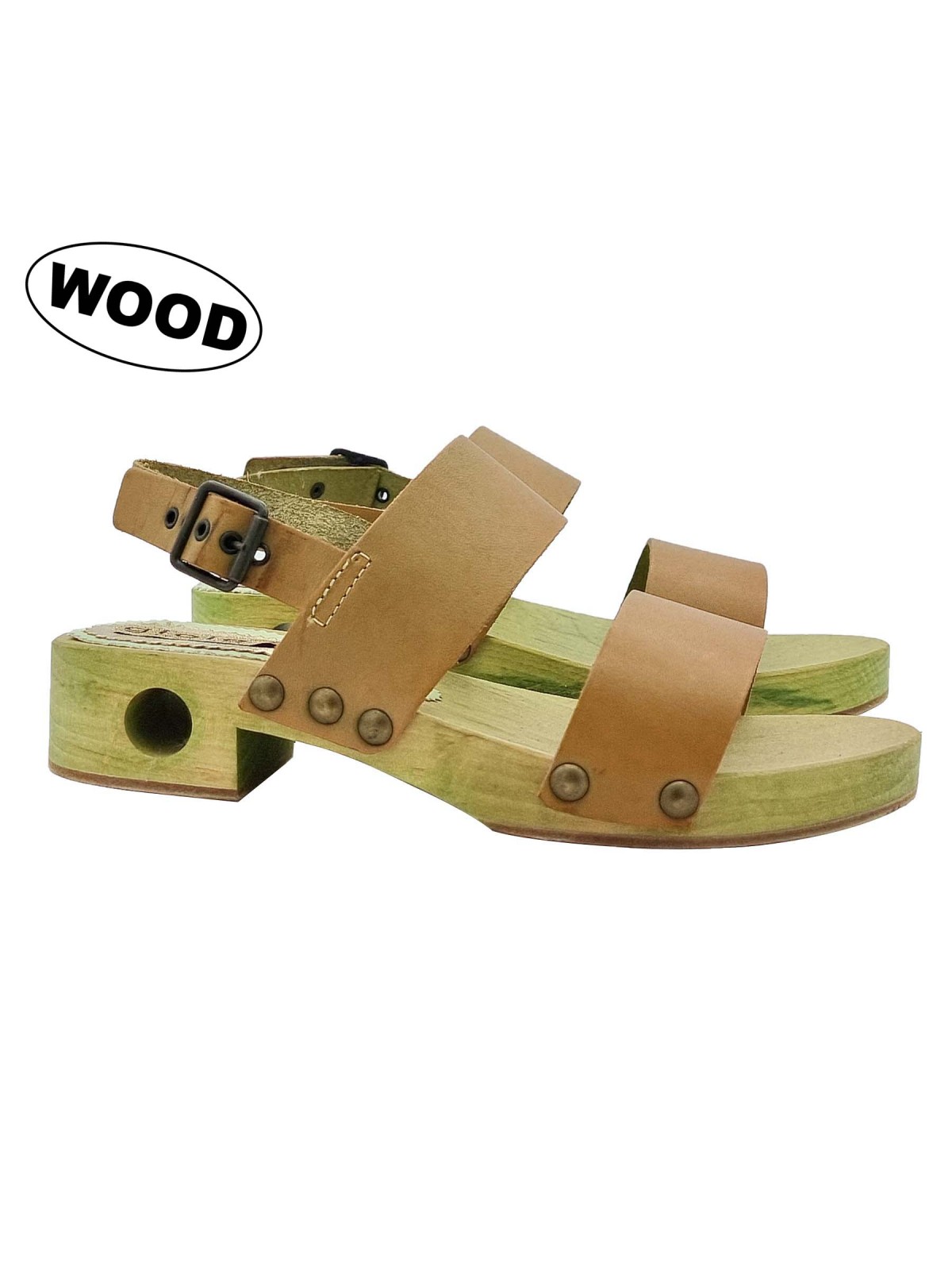 OLIVE GREEN LEATHER CLOGS WITH STRAP