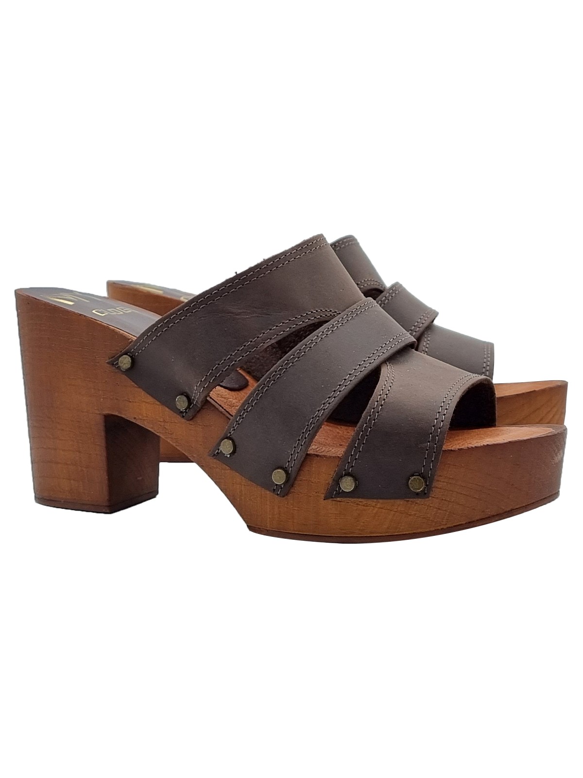 CLOGS WITH DARK BROWN LEATHER BANDS AND HEEL 9,5