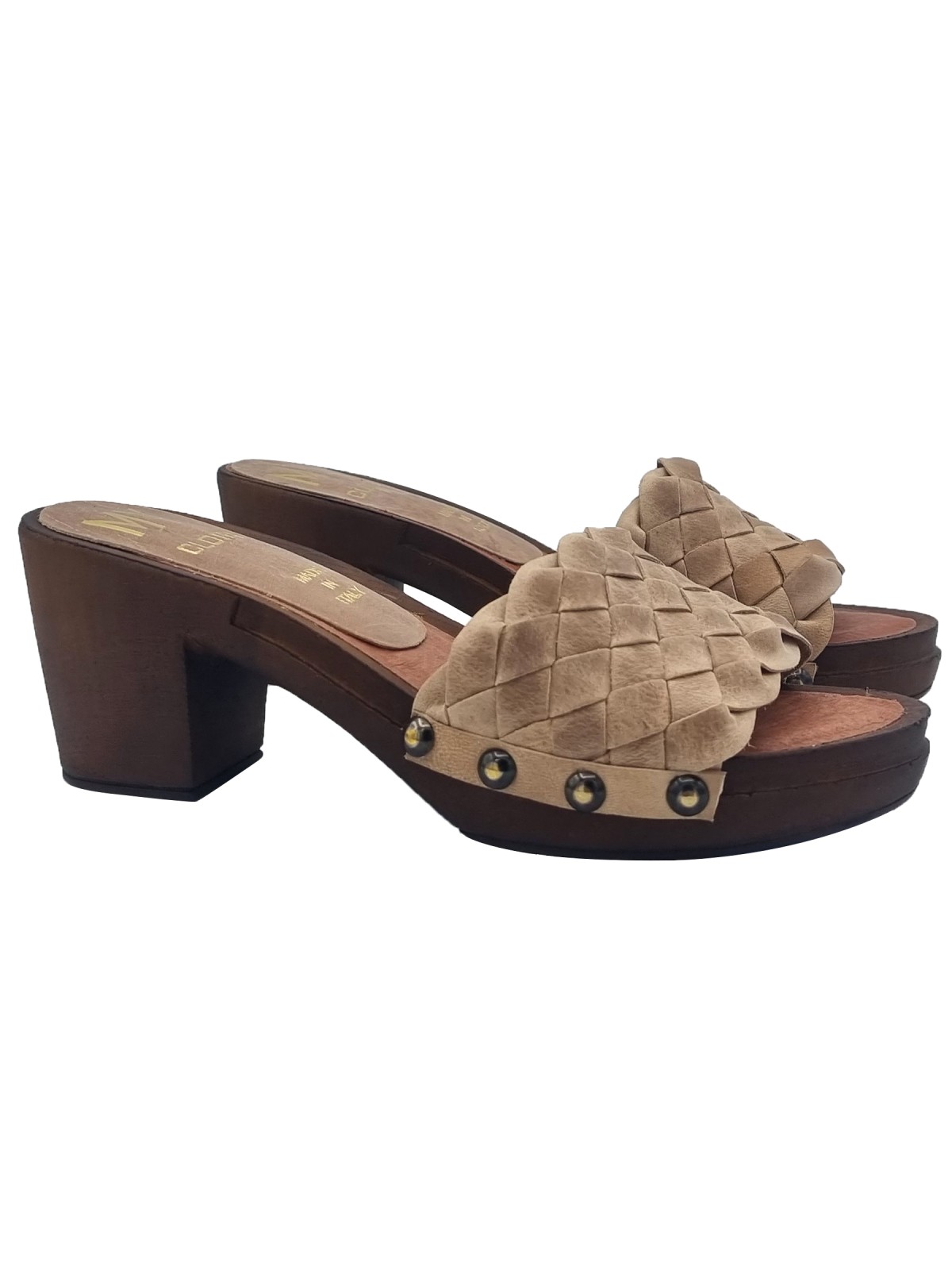 BRAIDED CLOGS IN TAUPE COLOR LEATHER WITH 7 CM HEEL