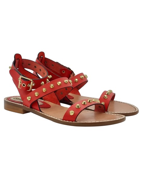 LOW CLOGS IN RED LEATHER WITH STUDS AND STRAP