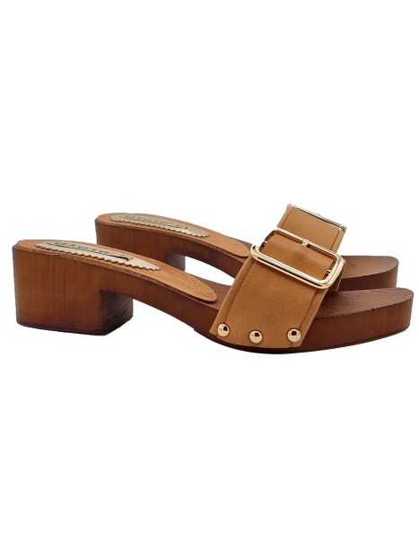 COMFORTABLE CAMEL COLOR CLOGS WITH BUCKLE AND 4,5 CM HEEL