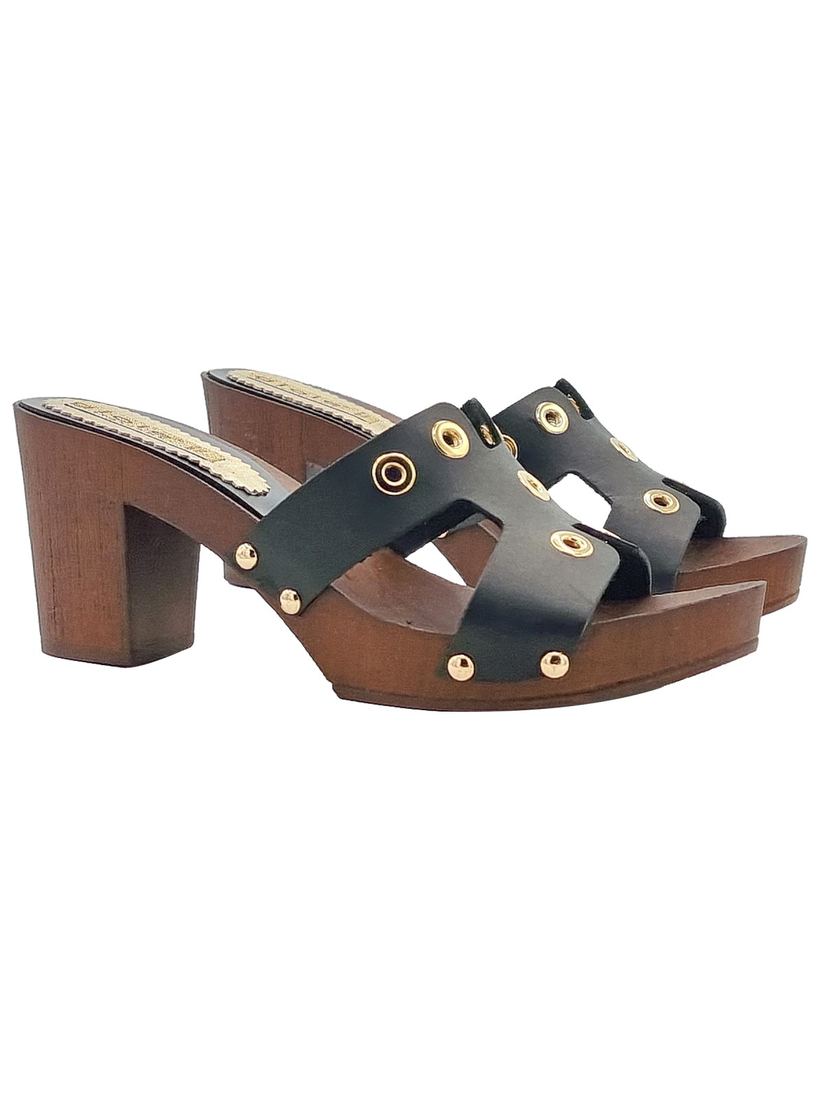 BLACK LEATHER CLOGS WITH GOLD RINGS AND 7,5 CM HEEL