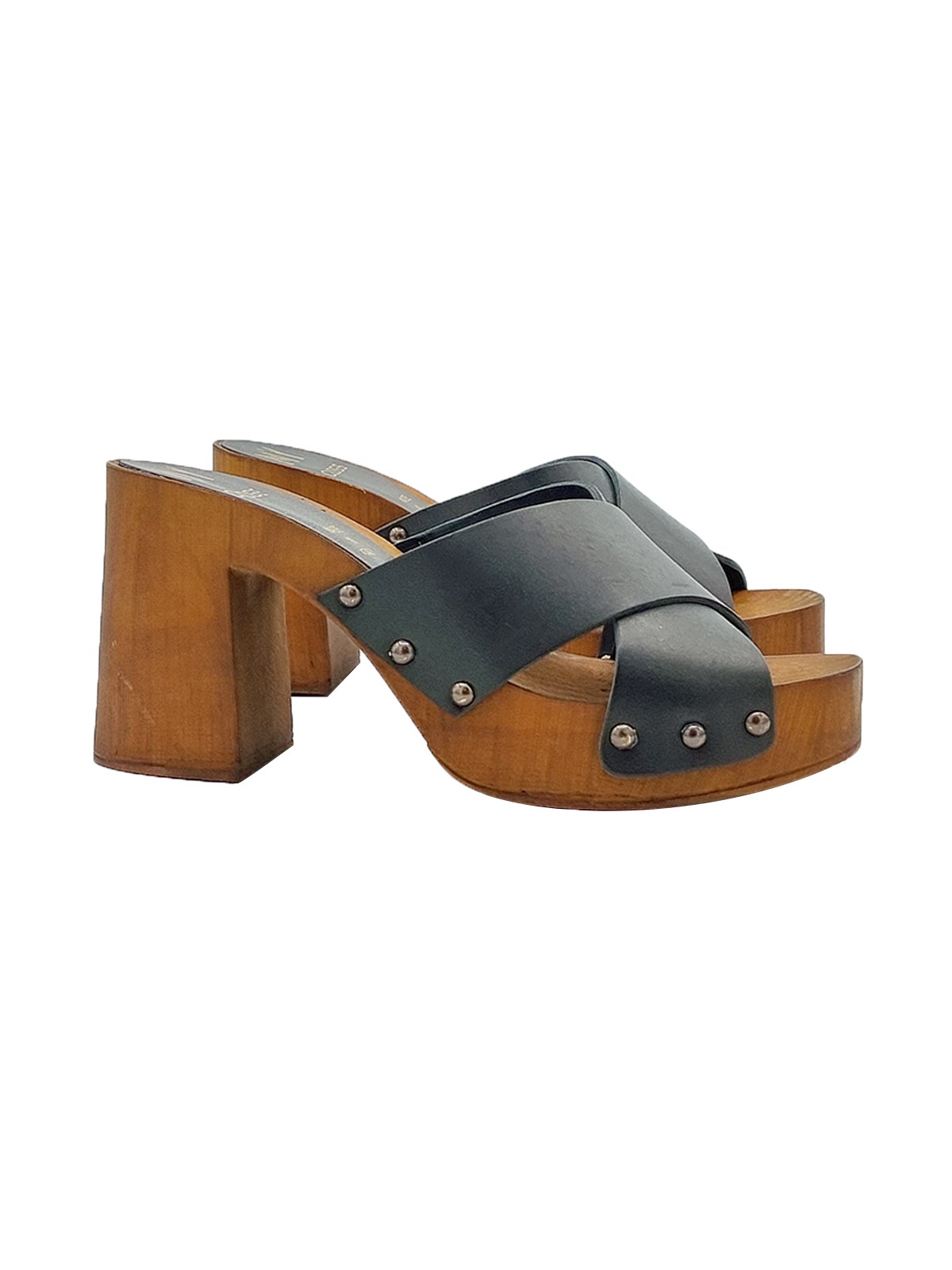 BLACK MULES WITH LEATHER BANDS AND HEEL 9